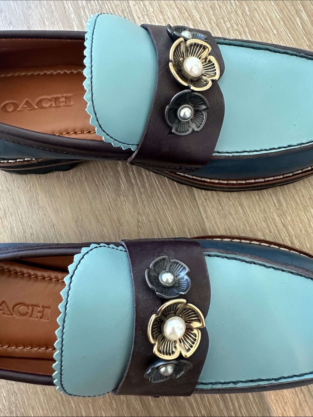 Coach Two-Tone Light Blue and Dark Blue Leather Flower-Trim Loafers - Picture 6 of 7